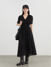 V-Neck Puff Sleeve Dress – Korean Minimalist Romance