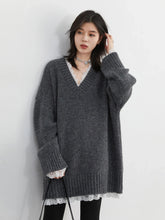 V-Neck Patchwork Knit Sweater – Modern Feminine Edge