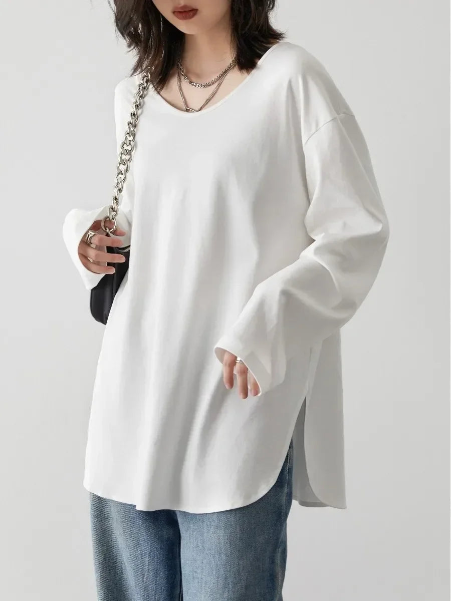 Casual U-Neck Long Sleeve T-shirt – Minimalist Everyday Essential