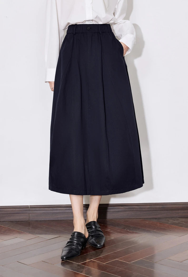 Black A-Line Cotton Skirt – Flowing Mid-Length Elegance