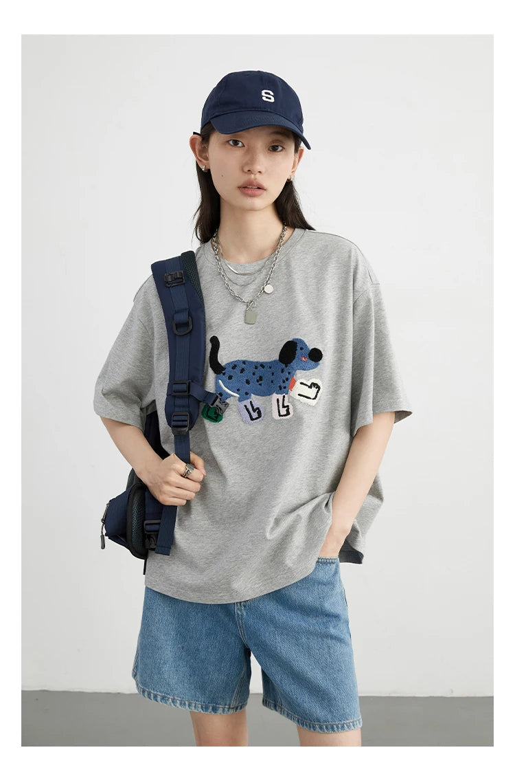 Playful Dog Embroidered T-shirt – Streetwear Cotton Classic