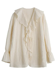 Ruffled Lace-Up V-Neck Blouse – Feminine Modern Flair