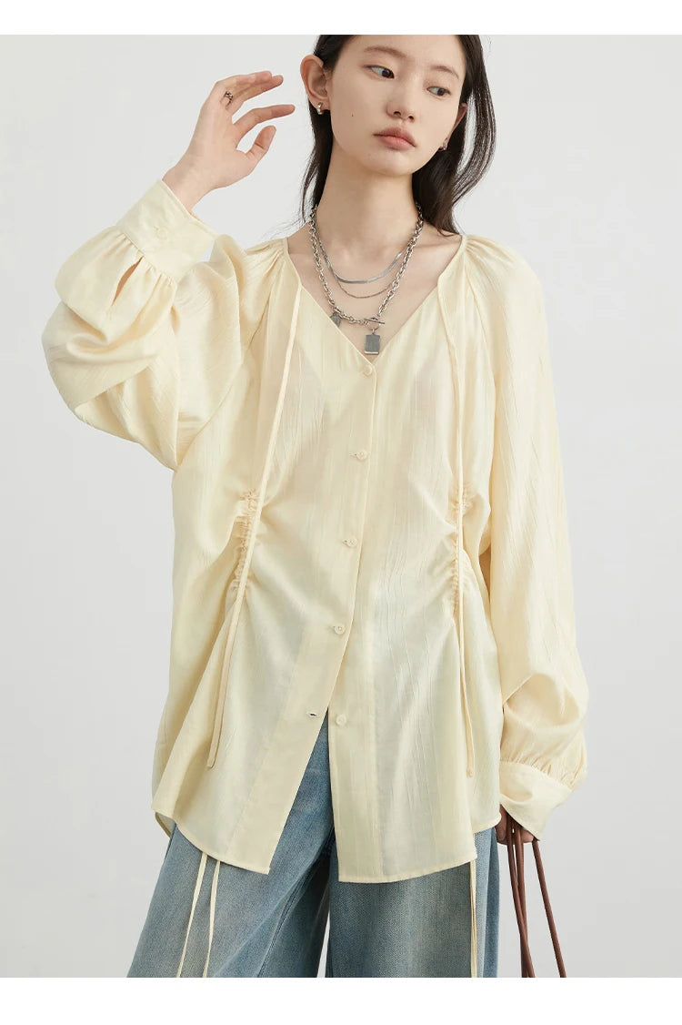 Lace-Up V-Neck Pleated Blouse – Contemporary Korean Elegance