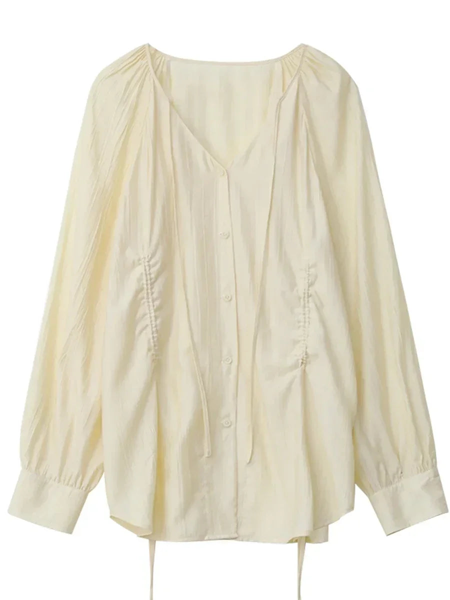 Lace-Up V-Neck Pleated Blouse – Contemporary Korean Elegance