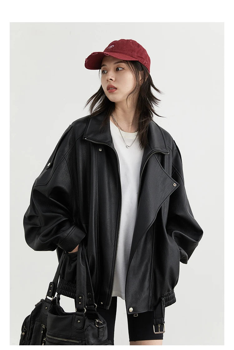 Retro Faux Leather Jacket – Standing Collar Motorcycle Edge