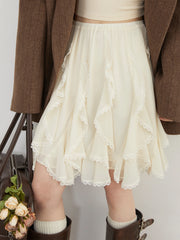 Irregular Lace Midi Skirt – Romantic High-Waist Fit