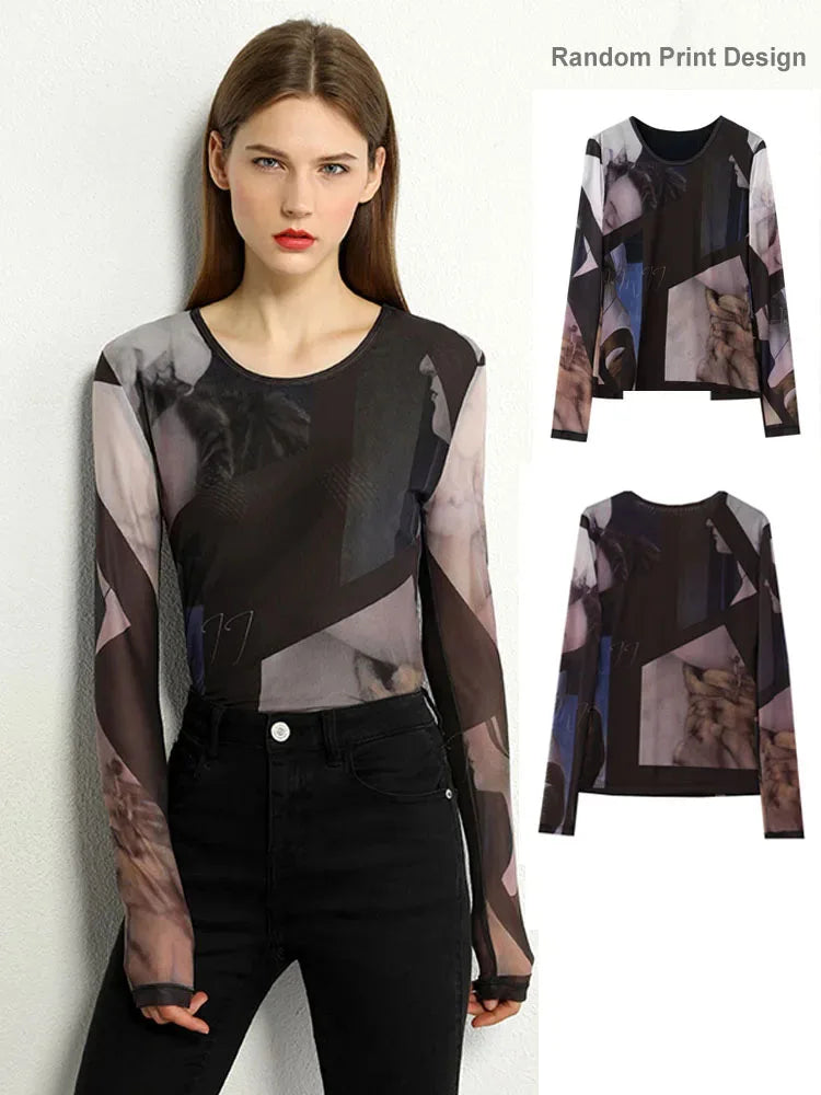 Mesh Print Long Sleeve Top – Slim Trendy Statement