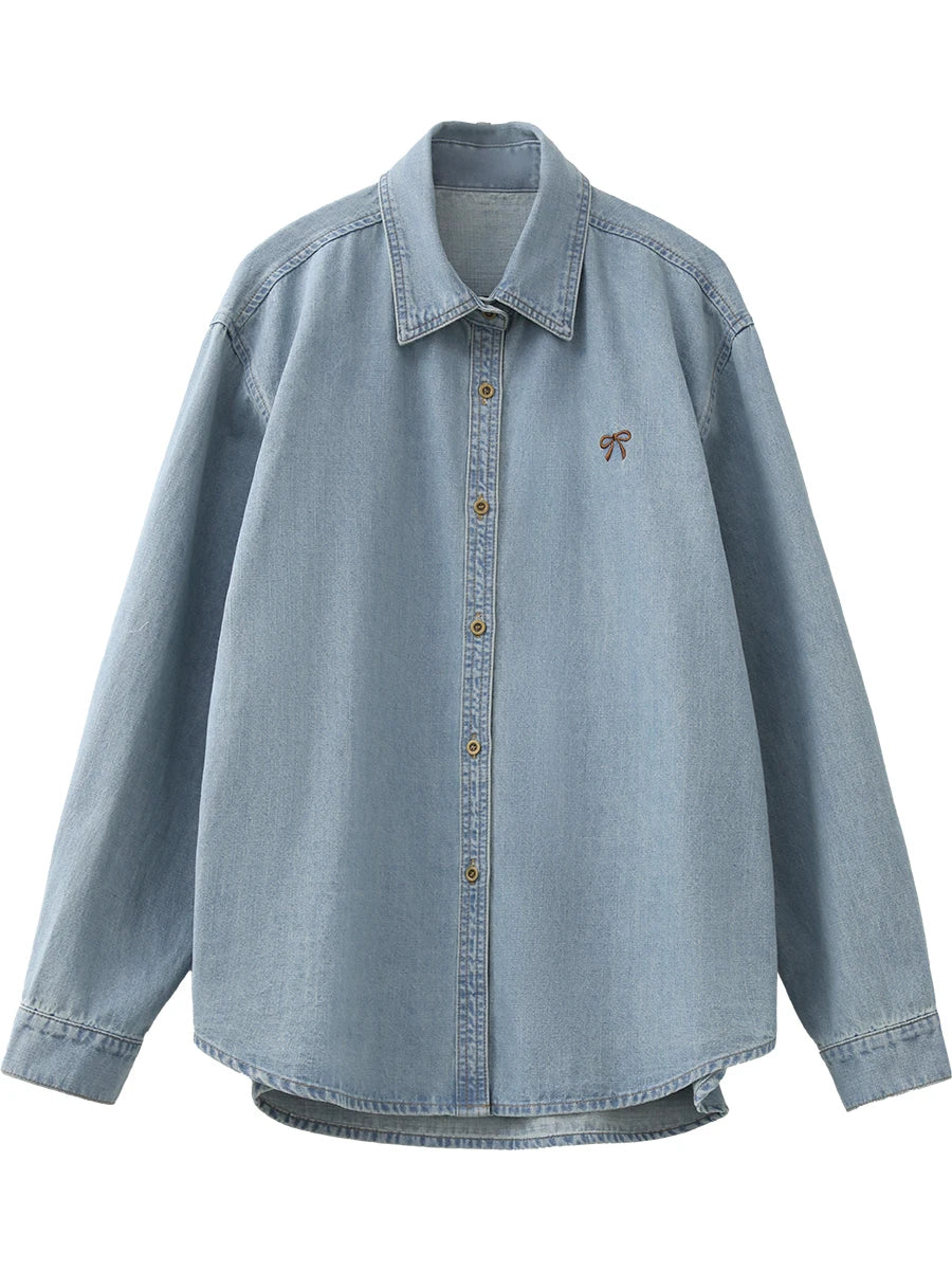 Bow Embroidered Denim Shirt – Korean Inspired Layer