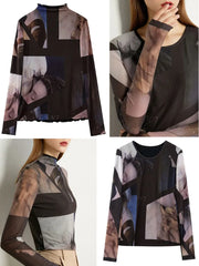 Mesh Print Long Sleeve Top – Slim Trendy Statement