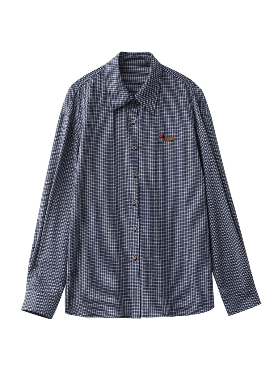 Plaid Embroidered Blouse – Vintage Casual Essential