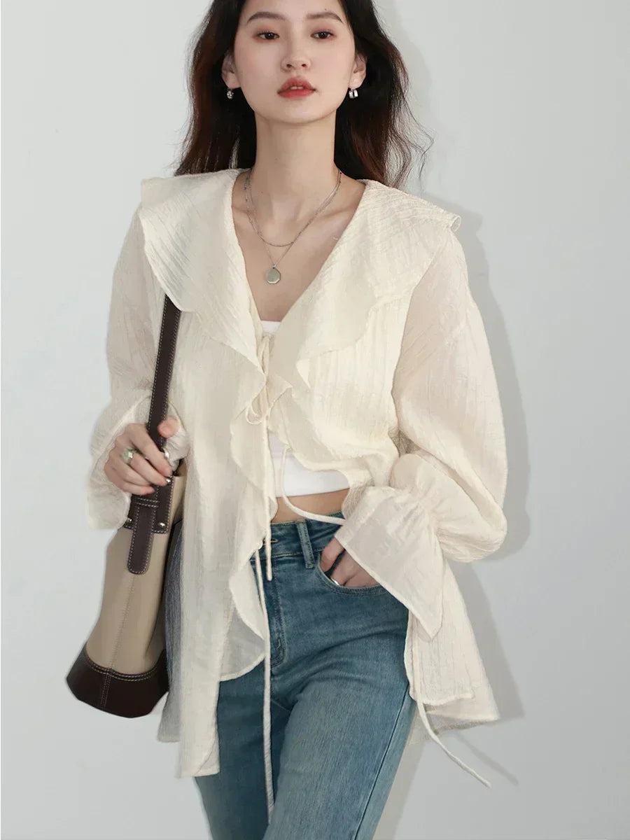 Ruffled Lace-Up V-Neck Blouse – Feminine Modern Flair