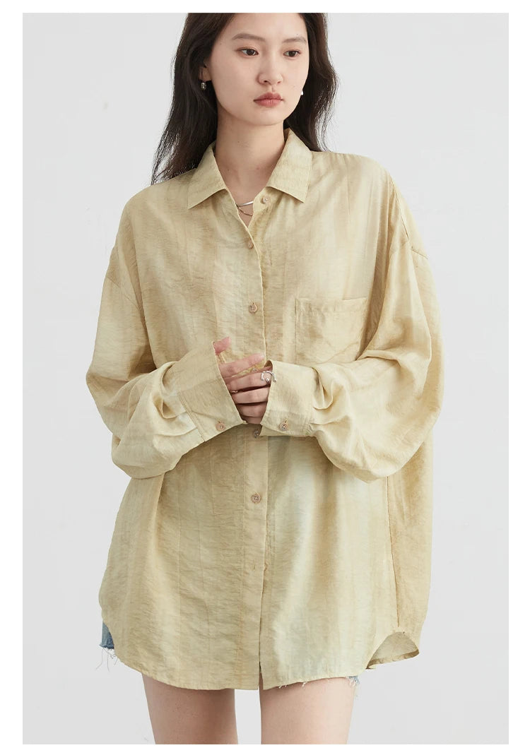 Textured Tie-Dye Long Sleeve Blouse with Split Collar – Breezy Summer Statement