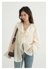 Ruffled Lace-Up V-Neck Blouse – Feminine Modern Flair