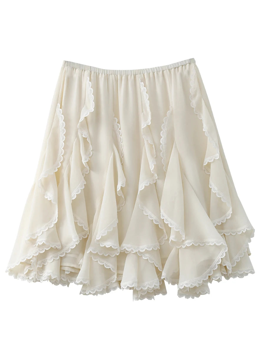 Irregular Lace Midi Skirt – Romantic High-Waist Fit
