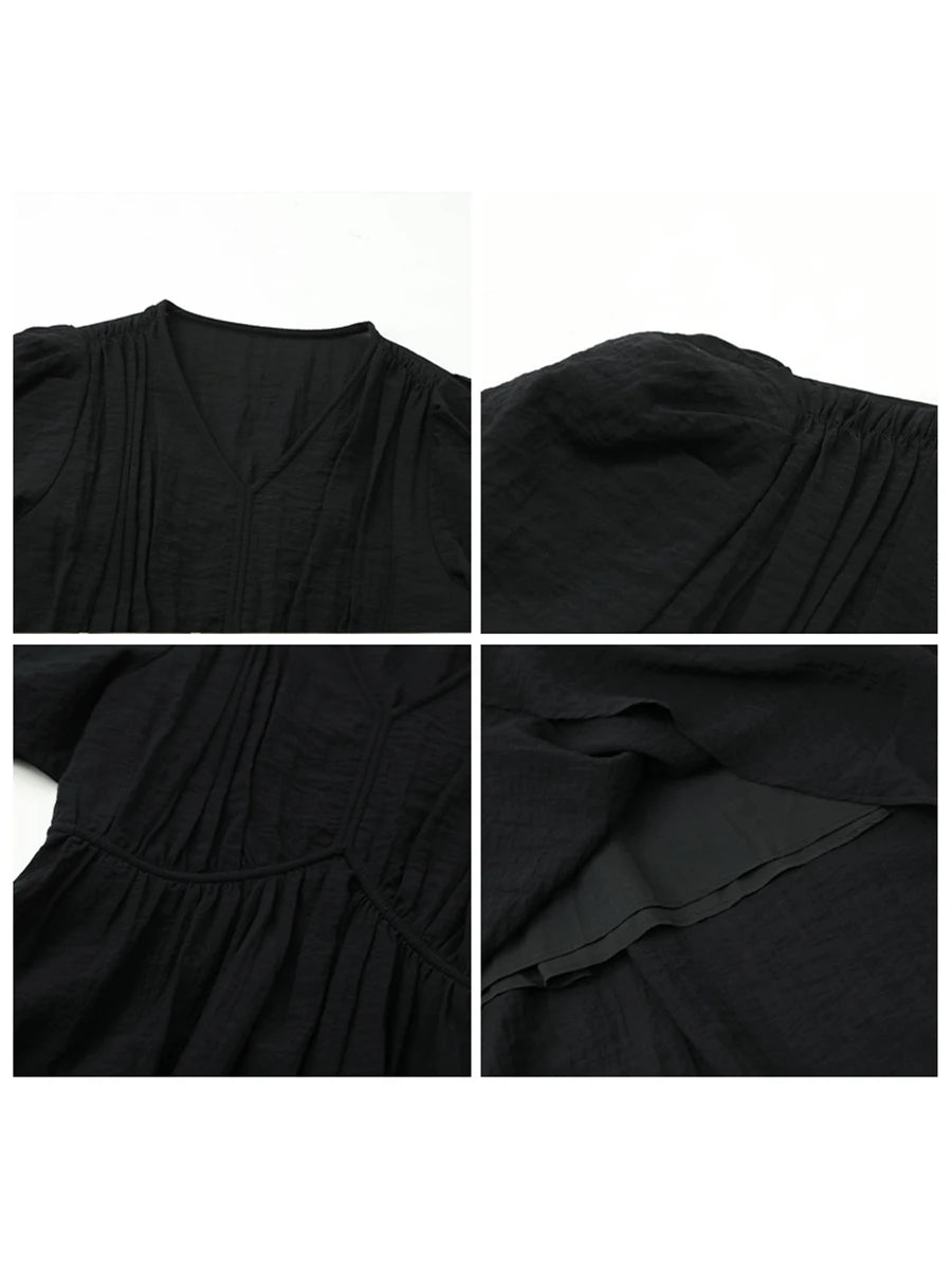 V-Neck Puff Sleeve Dress – Korean Minimalist Romance
