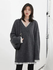 V-Neck Patchwork Knit Sweater – Modern Feminine Edge