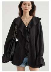 Ruffled Lace-Up V-Neck Blouse – Feminine Modern Flair