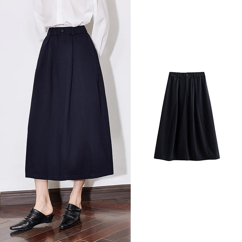 Black A-Line Cotton Skirt – Flowing Mid-Length Elegance