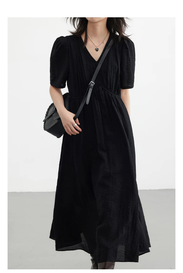French Vintage Puff Sleeve Dress – Black Effortless Romance