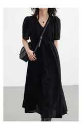 French Vintage Puff Sleeve Dress – Black Effortless Romance