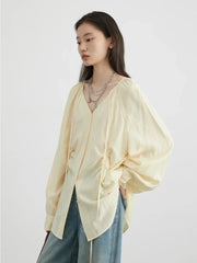 Lace-Up V-Neck Pleated Blouse – Contemporary Korean Elegance