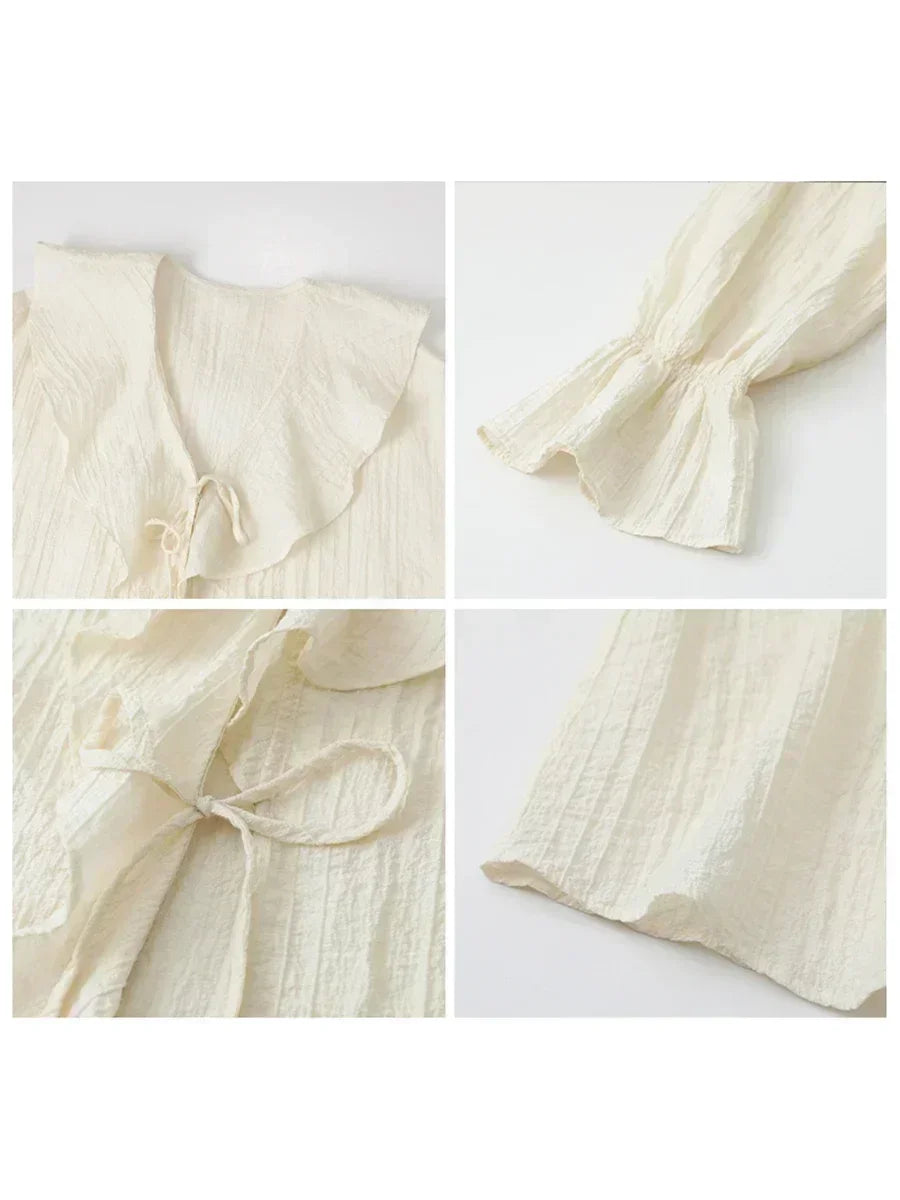Ruffled V-Neck Lace-Up Blouse – Feminine Elegance with a Modern Edge