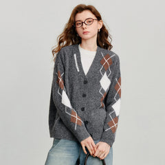 Grid Pattern V-Neck Cardigan – Buttoned Knit Sophistication