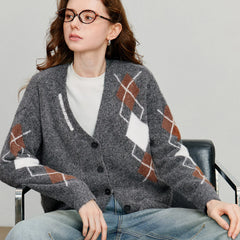 Grid Pattern V-Neck Cardigan – Buttoned Knit Sophistication