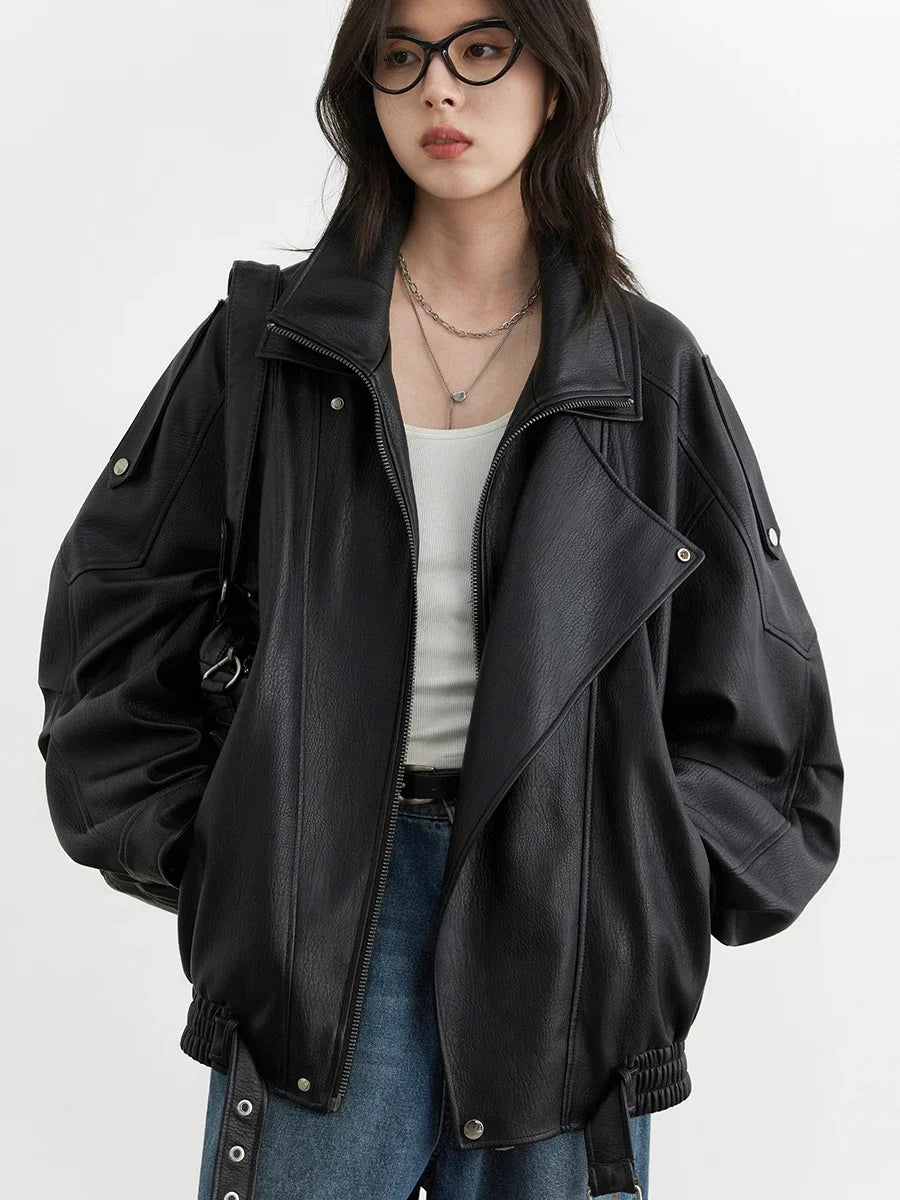 Retro Faux Leather Jacket – Standing Collar Motorcycle Edge