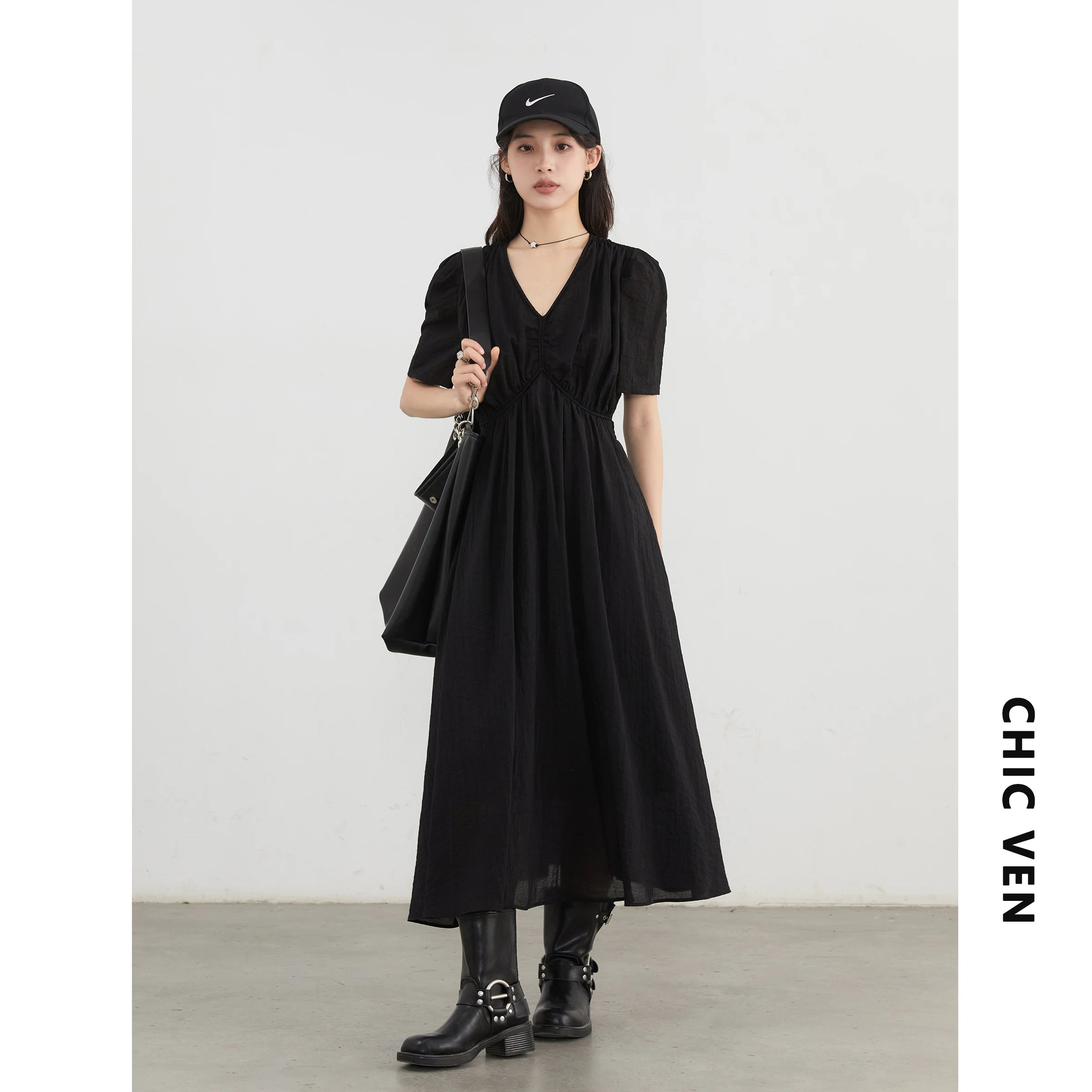V-Neck Puff Sleeve Dress – Korean Minimalist Romance