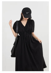 V-Neck Puff Sleeve Dress – Korean Minimalist Romance