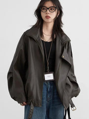Retro Faux Leather Jacket – Standing Collar Motorcycle Edge