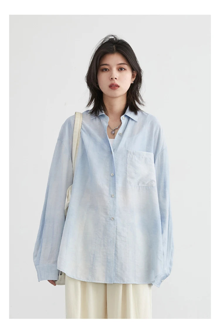Textured Tie-Dye Long Sleeve Blouse with Split Collar – Breezy Summer Statement