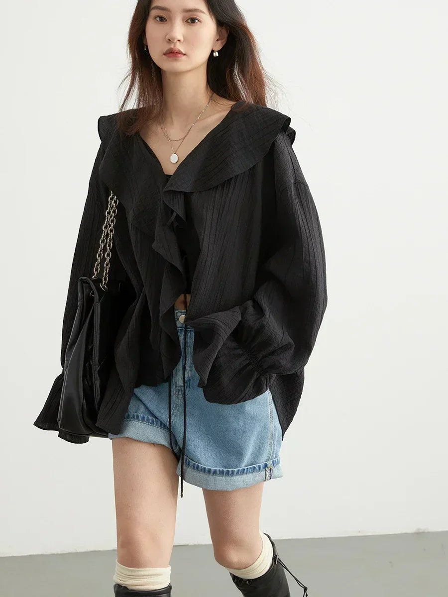 Ruffled V-Neck Lace-Up Blouse – Feminine Elegance with a Modern Edge