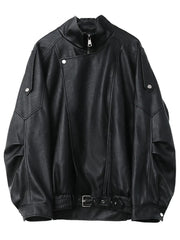 Retro Faux Leather Jacket – Standing Collar Motorcycle Edge