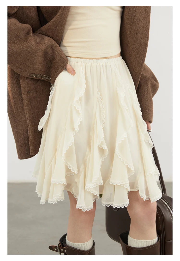 Irregular Lace Midi Skirt – Romantic High-Waist Fit