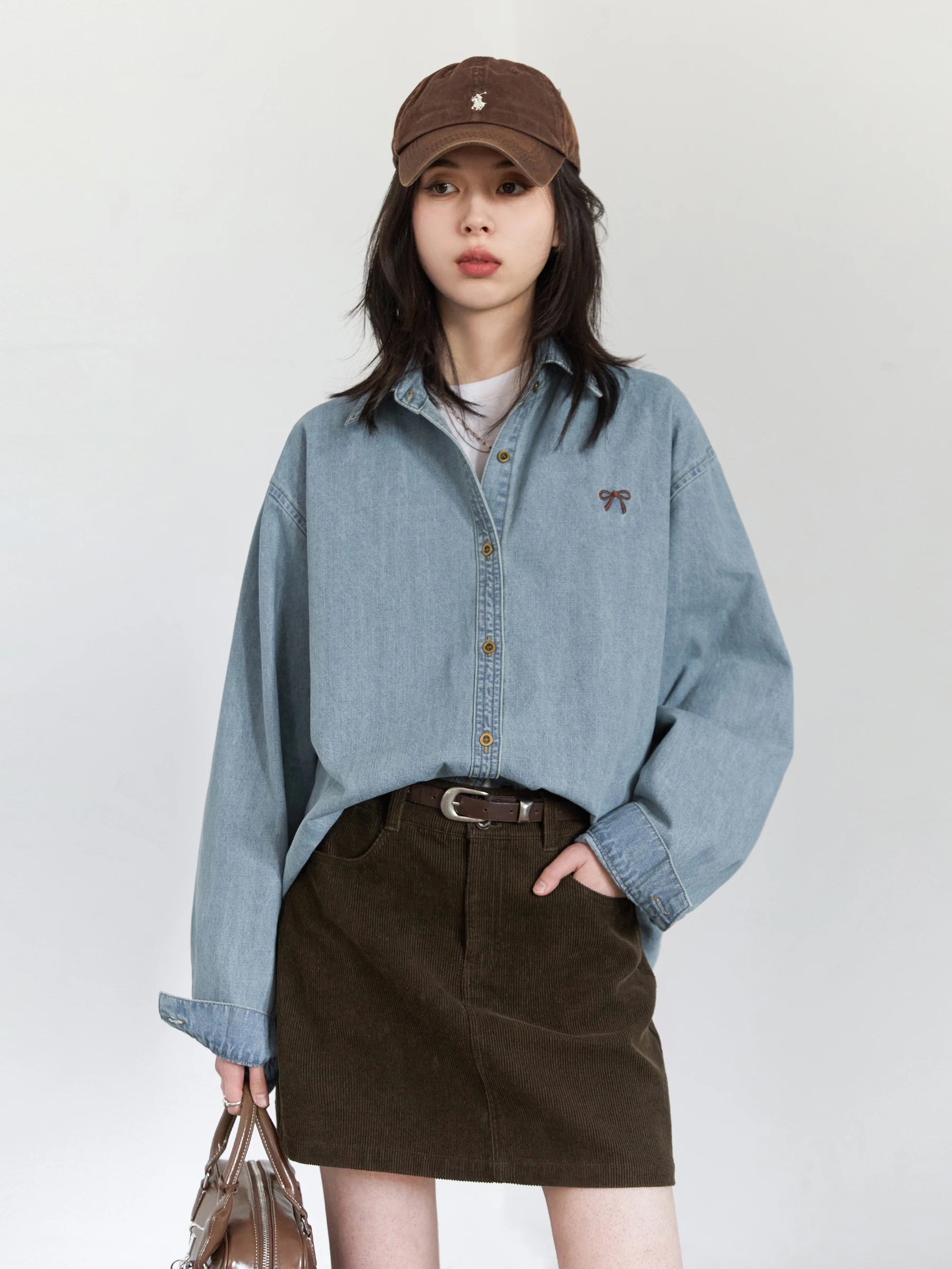 Bow Embroidered Denim Shirt – Korean Inspired Layer