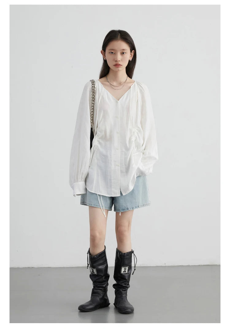 Lace-Up V-Neck Pleated Blouse – Contemporary Korean Elegance