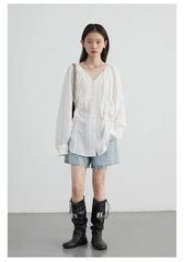 Lace-Up V-Neck Pleated Blouse – Contemporary Korean Elegance