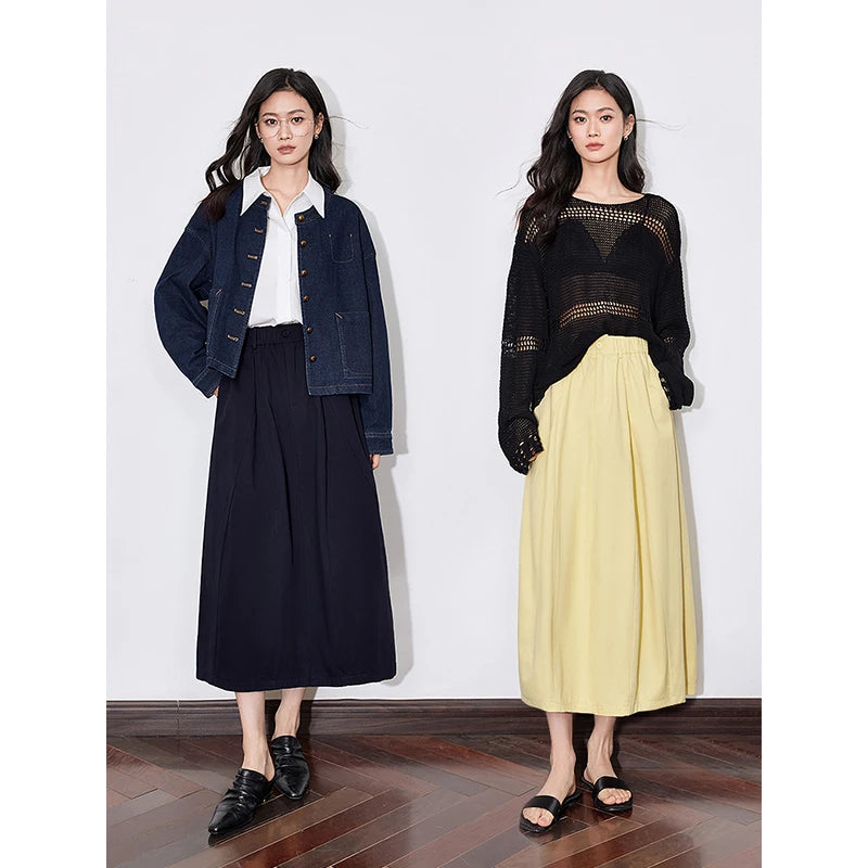 Black A-Line Cotton Skirt – Flowing Mid-Length Elegance