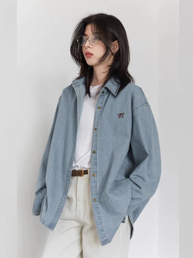 Bow Embroidered Denim Shirt – Korean Inspired Layer