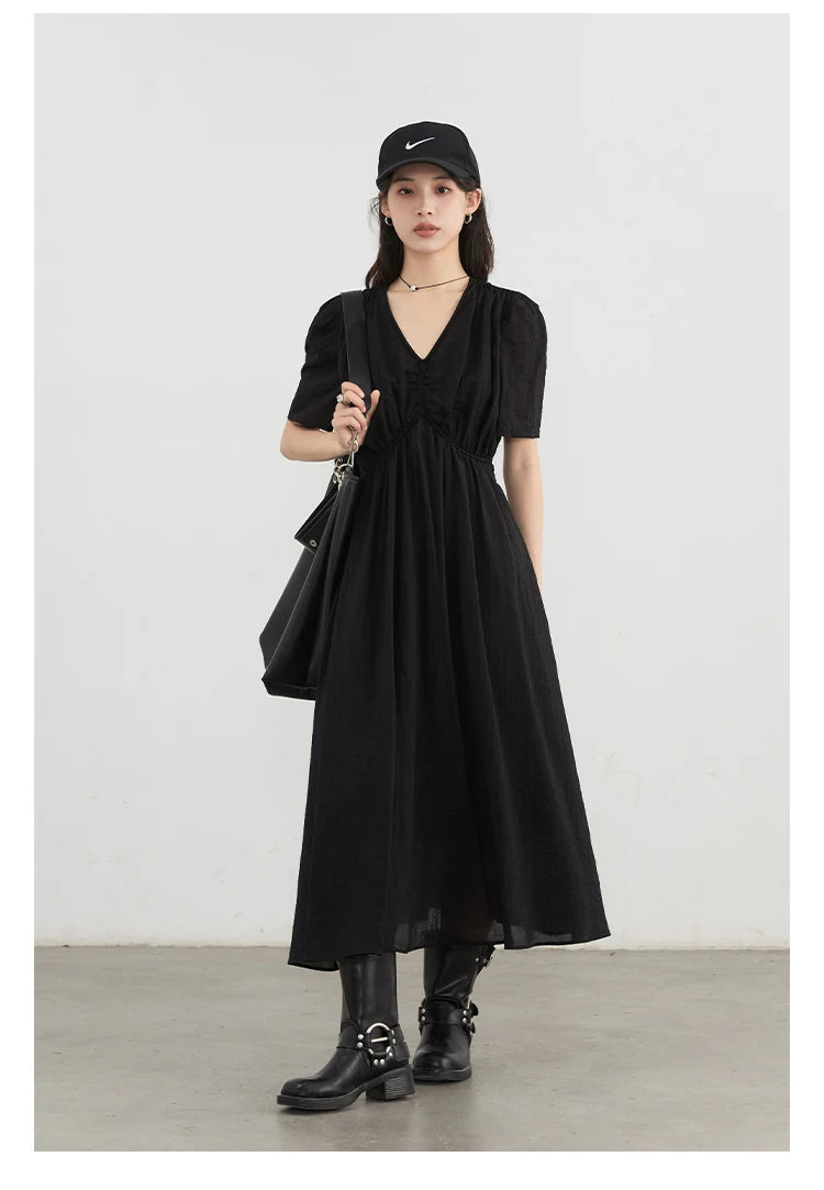 V-Neck Puff Sleeve Dress – Korean Minimalist Romance