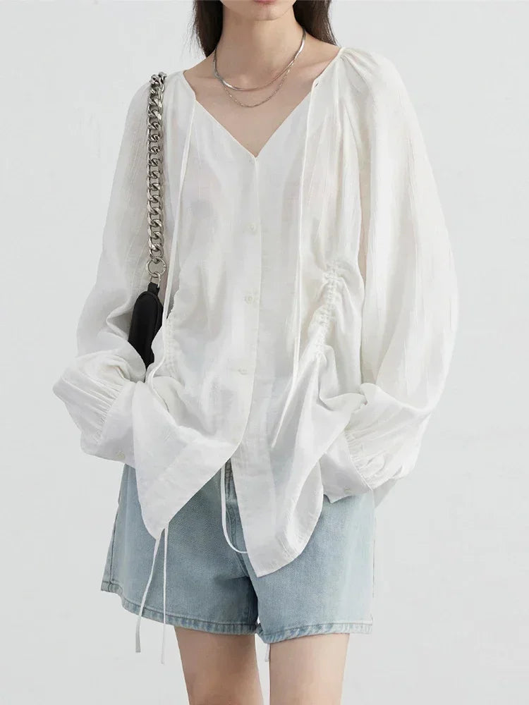 Lace-Up V-Neck Pleated Blouse – Contemporary Korean Elegance