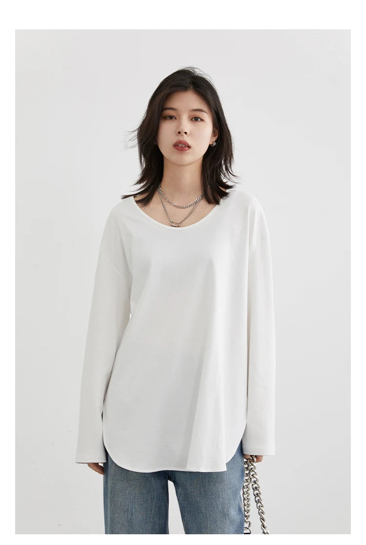 Casual U-Neck Long Sleeve T-shirt – Minimalist Everyday Essential