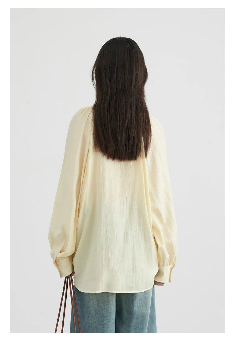 Lace-Up V-Neck Pleated Blouse – Contemporary Korean Elegance