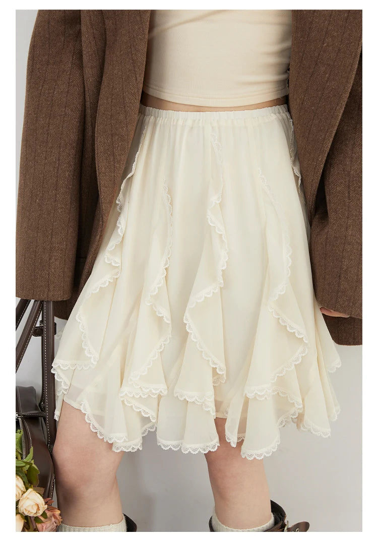 Irregular Lace Midi Skirt – Romantic High-Waist Fit