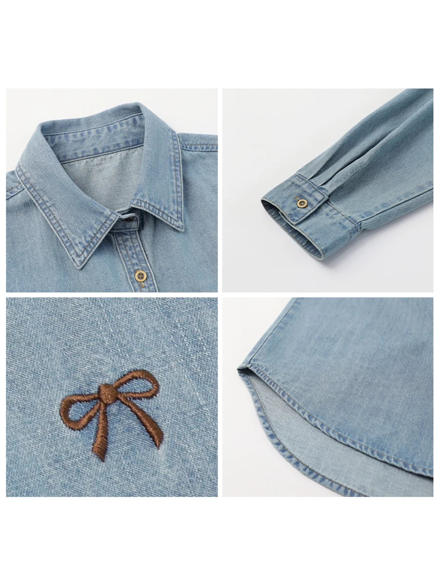 Bow Embroidered Denim Shirt – Korean Inspired Layer