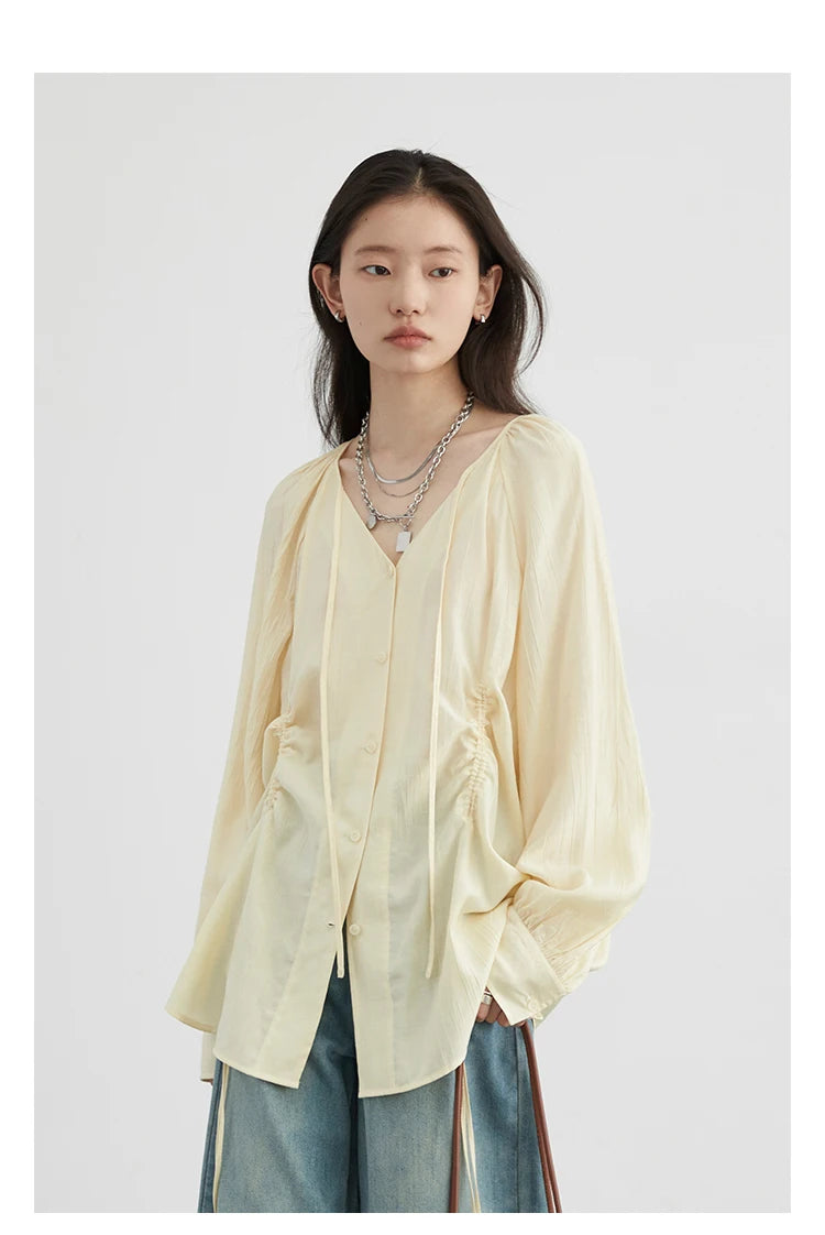 Lace-Up V-Neck Pleated Blouse – Contemporary Korean Elegance