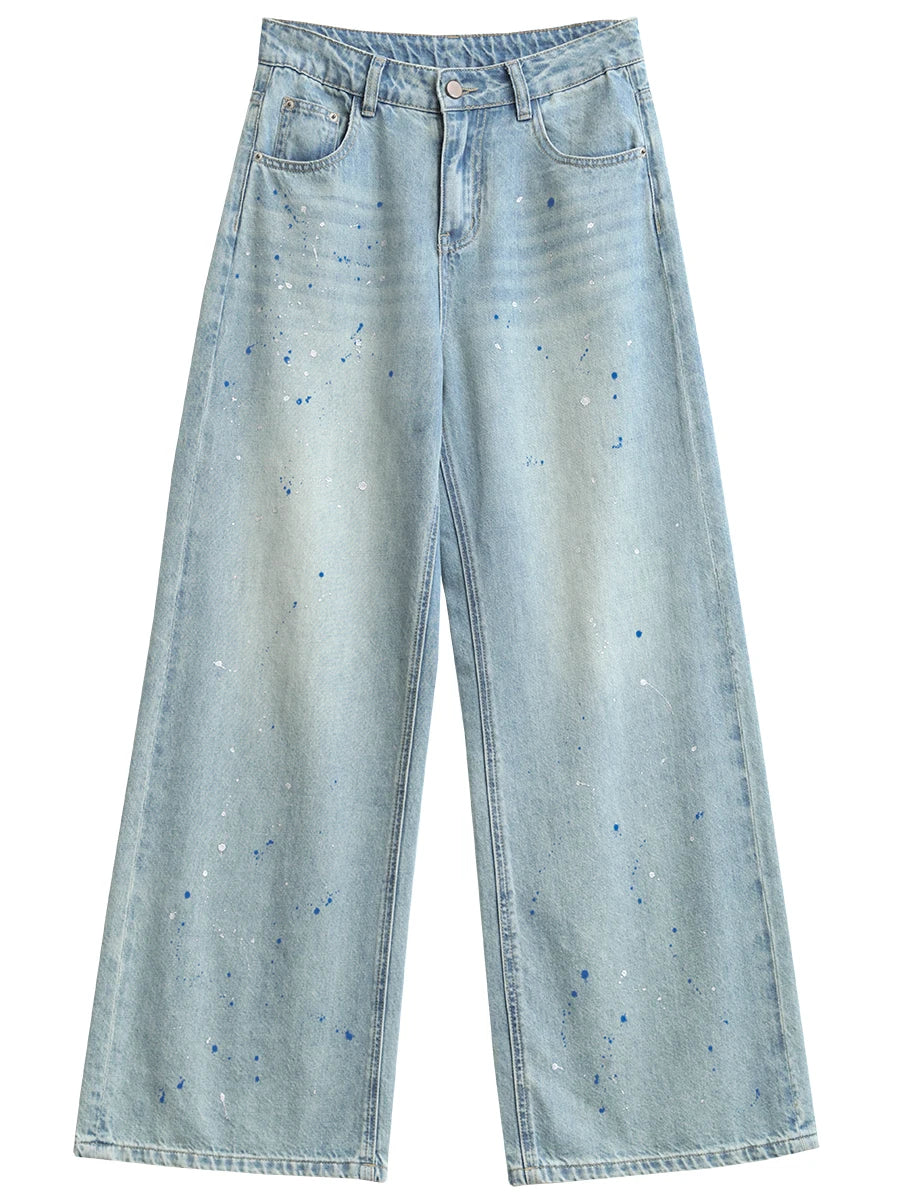 Splashed Ink Denim Pants – Artistic Wide-Leg Statement